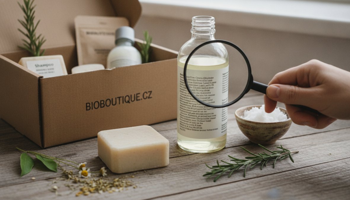 Close-up of hands holding a shampoo bottle, examining the INCI ingredient list on the back label in natural daylight