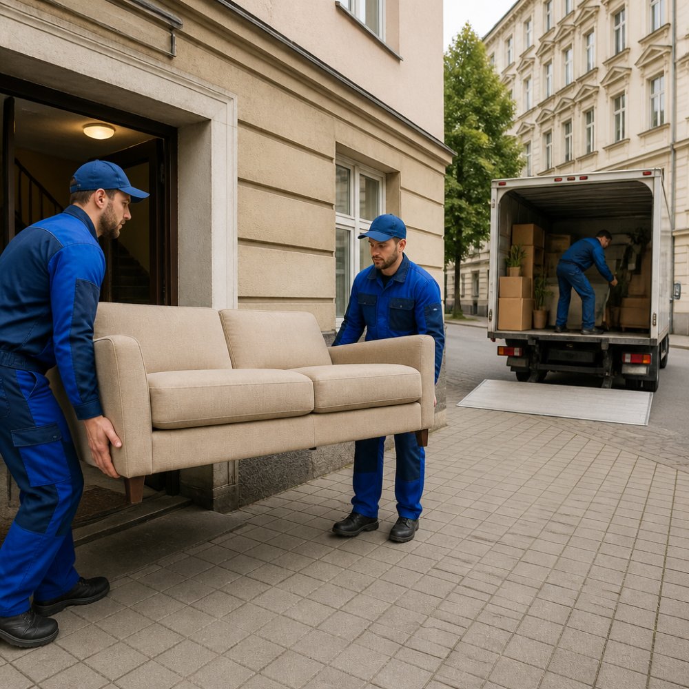 A professional moving crew in work uniforms carrying a sofa out of an apartment building entrance, with a moving truck parked on a city street in the background