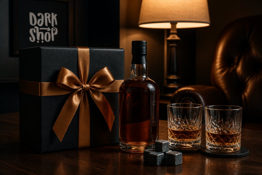 Elegancko zapakowana butelka whisky z kokardą, obok dwa kieliszki i kamienie chłodzące na ciemnym drewnianym stole, ciepłe światło lampy