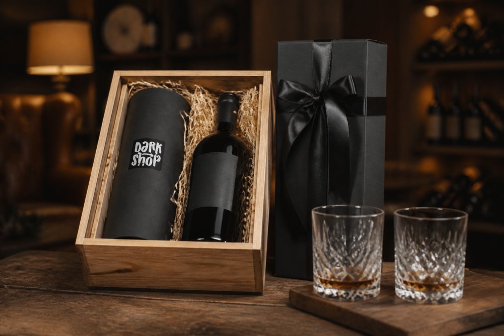 Elegancko zapakowany alkohol na prezent w drewnianym pudełku z ozdobną wstążką i tubą na tle kieliszków