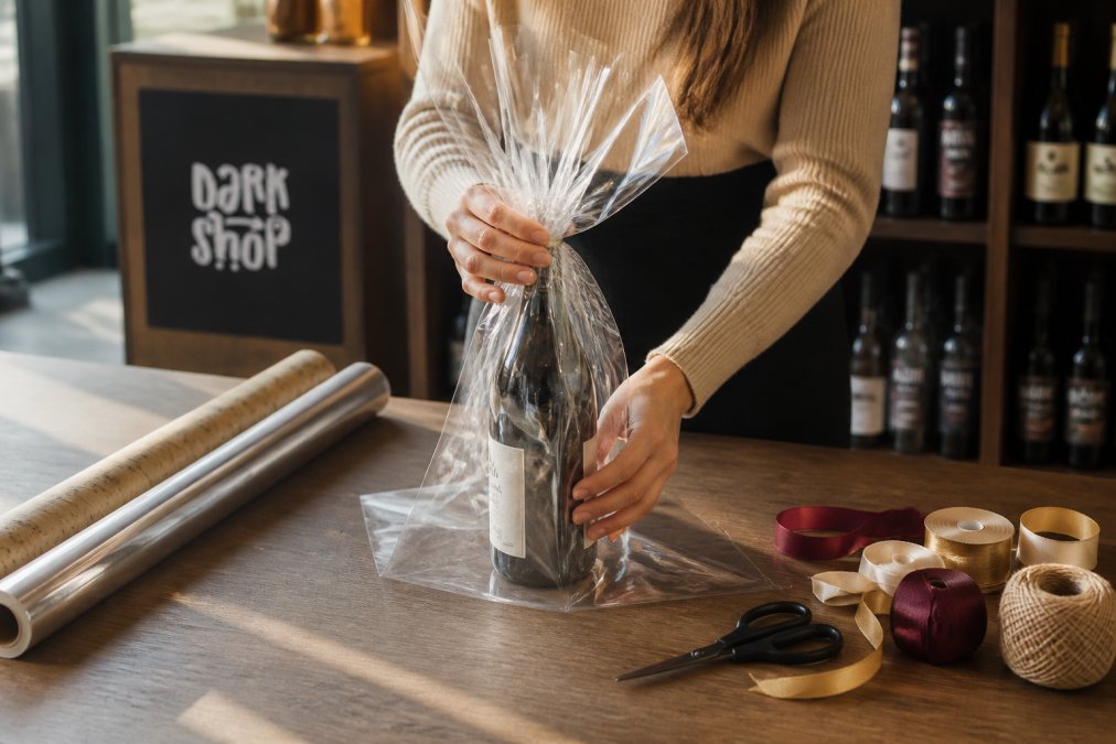 Zbliżenie na dłonie kobiety zawijające butelkę wina w przezroczysty celofan, obok na stole leżą wstążka, nożyczki i papier ozdobny, ciepłe naturalne światło