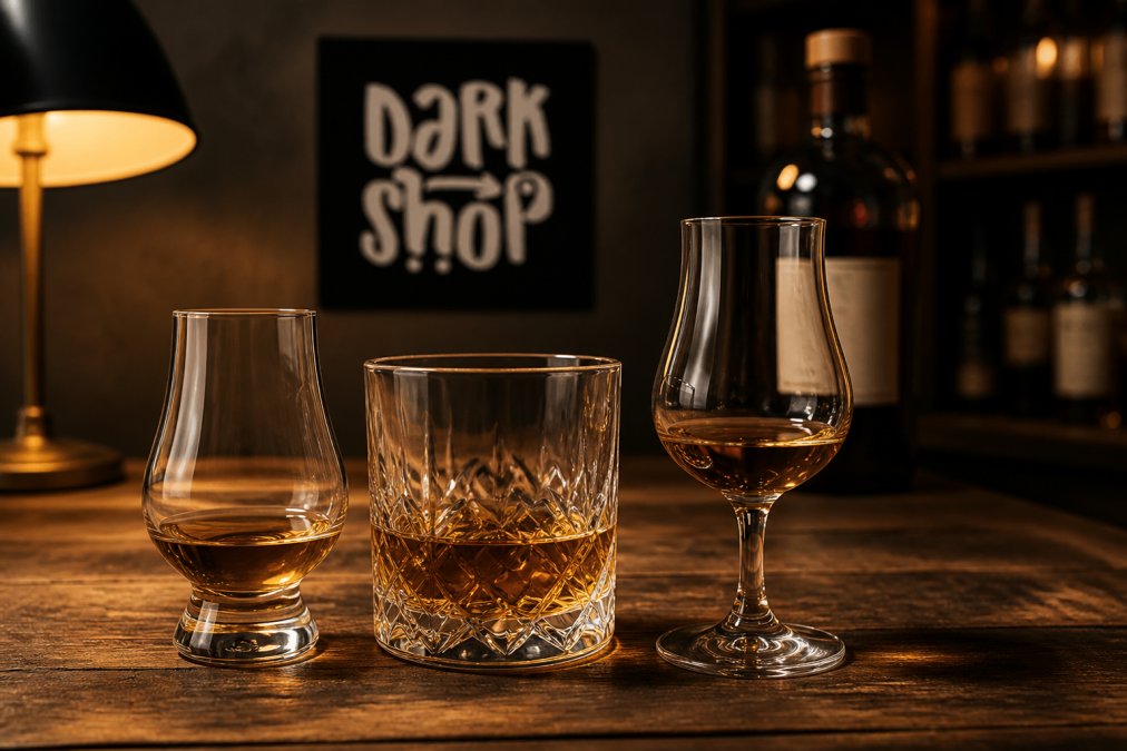 Zbliżenie na trzy różne kieliszki do whisky: klasyczny Glencairn, niski tumbler i kieliszek tulipanowy, ustawione obok siebie na dębowym blacie, w tle butelka whisky i ciepłe światło lampy