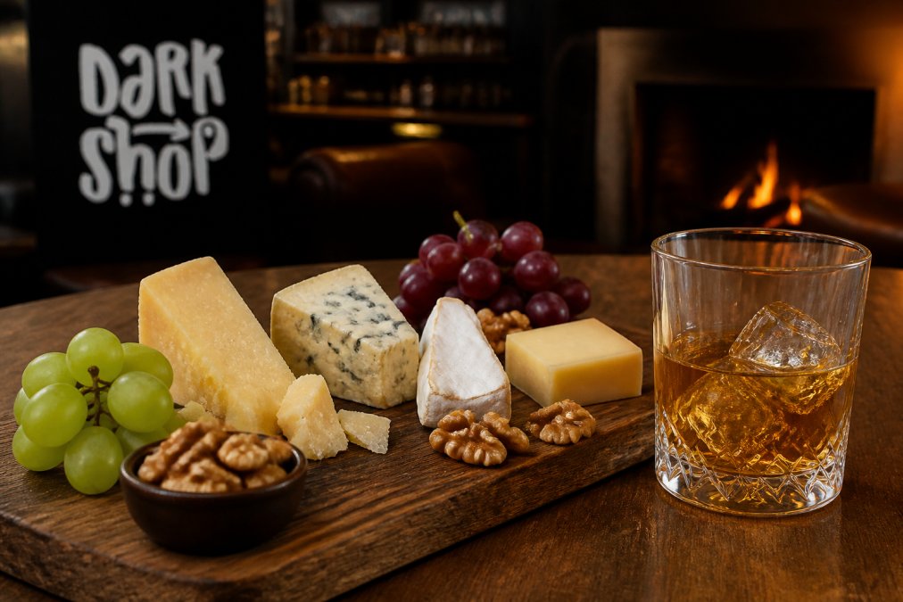 Drewniana deska z serami i orzechami jako przekąski, które pasują do whisky single malt w domowym wnętrzu