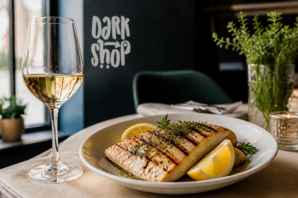 Kieliszek białego wina obok talerza z grillowaną rybą, cytryna i świeże zioła na eleganckim stole