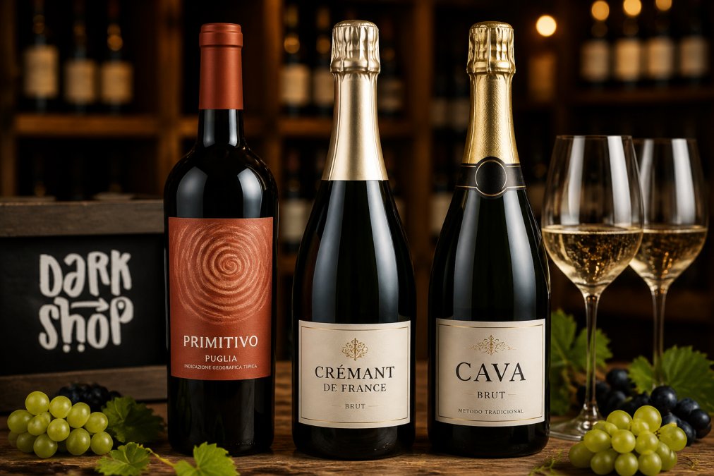 Trzy butelki wina z różnych krajów, włoskie Primitivo z etykietą w kolorach terrakoty, francuskie Crémant z elegancką etykietą i hiszpańskie Cava z klasyczną etykietą, ustawione obok siebie z winogronami, kieliszkami i dekoracyjnym światłem