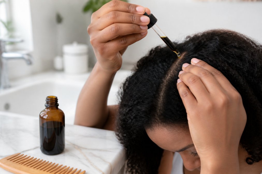 Hands applying Jamaican black castor oil to a scalp with a dropper near a wooden comb on a marble counter.