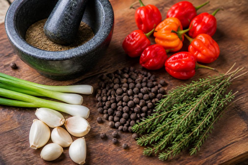 Overhead flat-lay of fresh jerk seasoning ingredients arranged on a wooden board: scotch bonnet peppers, allspice berries, thyme sprigs, garlic cloves, escallion, and a mortar and pestle with ground spices