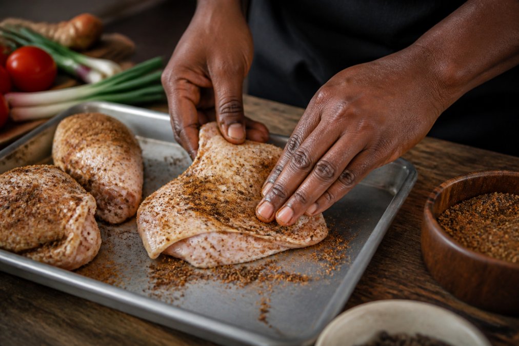 Close-up of hands rubbing dry jerk seasoning onto raw chicken thighs on a metal tray, seasoning coating the skin and crevices, ready for grilling