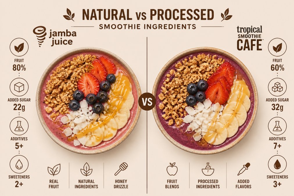 Overhead shot of two vibrant smoothie bowls side-by-side topped with granola, fresh berries, coconut flakes, and honey drizzle, showing texture and ingredient differences under bright natural light