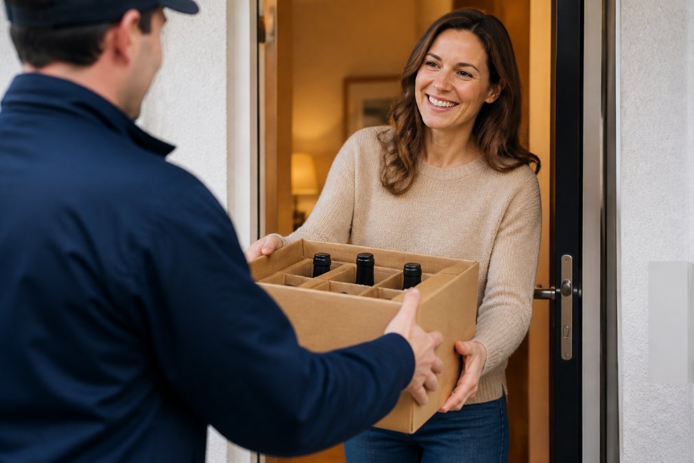 Ett paket med viner levererat till en husdörr, med en leende person som tar emot leveransen