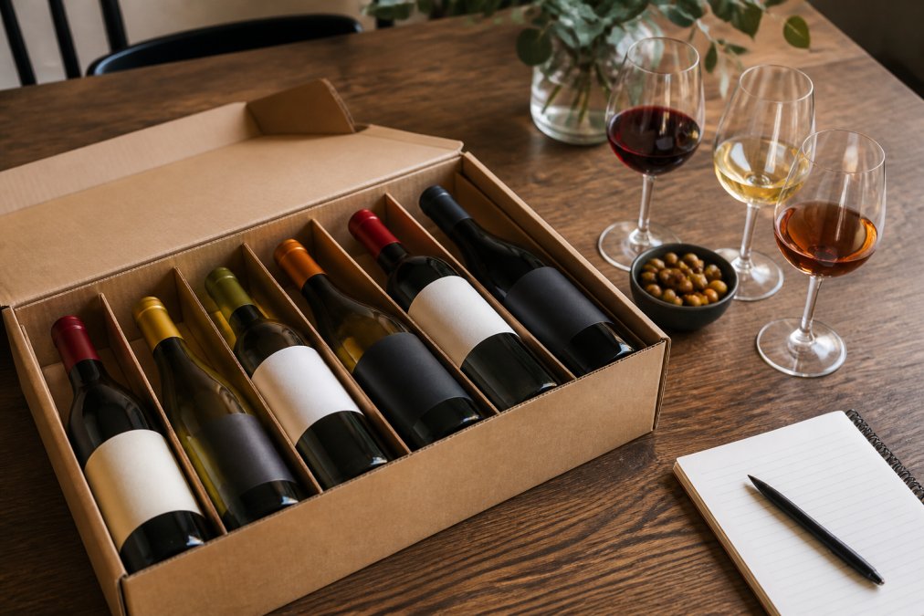 En öppen vinlåda på ett bord med sex flaskor olika viner, glas och ett anteckningsblock med smaknoter