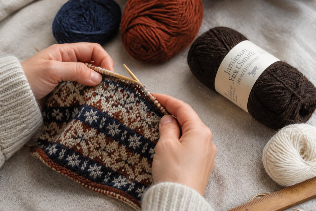 Close-up of hands working a Fair Isle colourwork swatch in muted heritage shades of rust, navy, and natural white, with wooden knitting needles resting on a linen cloth beside a ruler