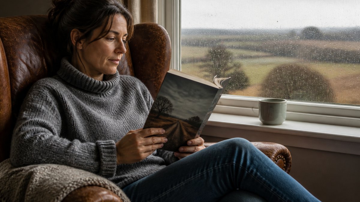 A reader sitting in a worn armchair by a rain-streaked window, holding a paperback with a moody rural landscape on the cover, a cup of tea on the sill beside them
