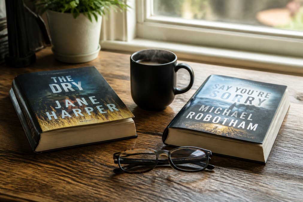 Two open crime novels lying side by side on a weathered wooden desk, a steaming cup of black coffee and a pair of reading glasses resting between them, soft morning light through a window