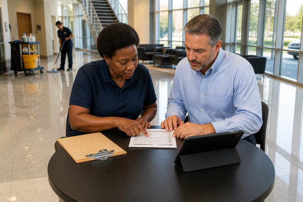 A facility manager and janitorial supervisor reviewing a printed inspection checklist together in a bright, clean commercial office lobby, with a clipboard and tablet on the table