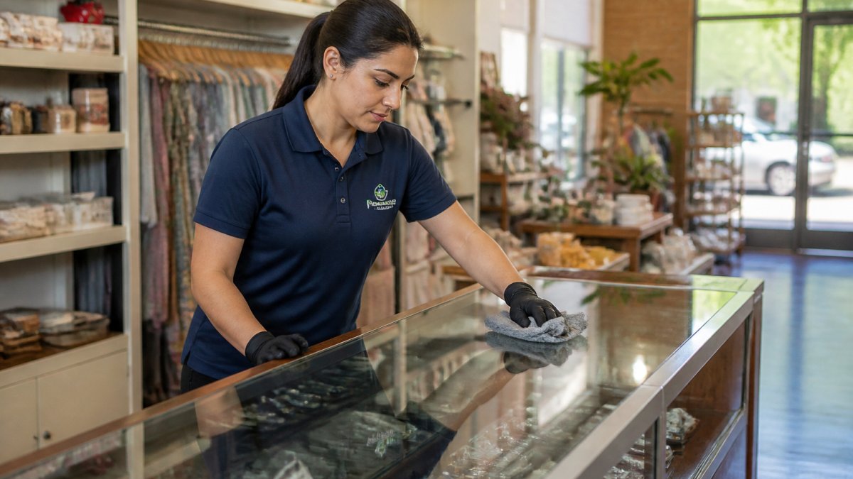 A cleaner in a branded uniform wiping down a glass display counter inside a small independent retail shop, merchandise shelves visible in the background, warm daytime lighting through the storefront window