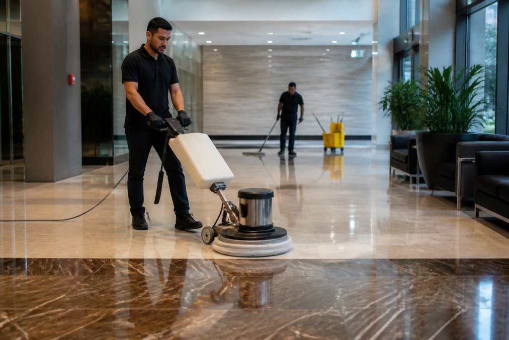 Professional janitorial staff using industrial floor stripping and waxing equipment in a commercial office lobby with polished marble floors reflecting overhead lighting