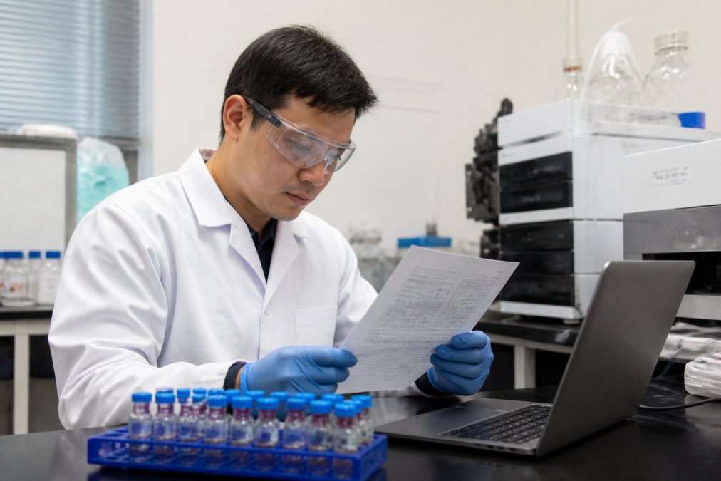 A researcher in a lab coat and safety glasses examining a printed certificate of analysis at a bench, with a laptop showing chromatogram peaks and a vial rack in the foreground