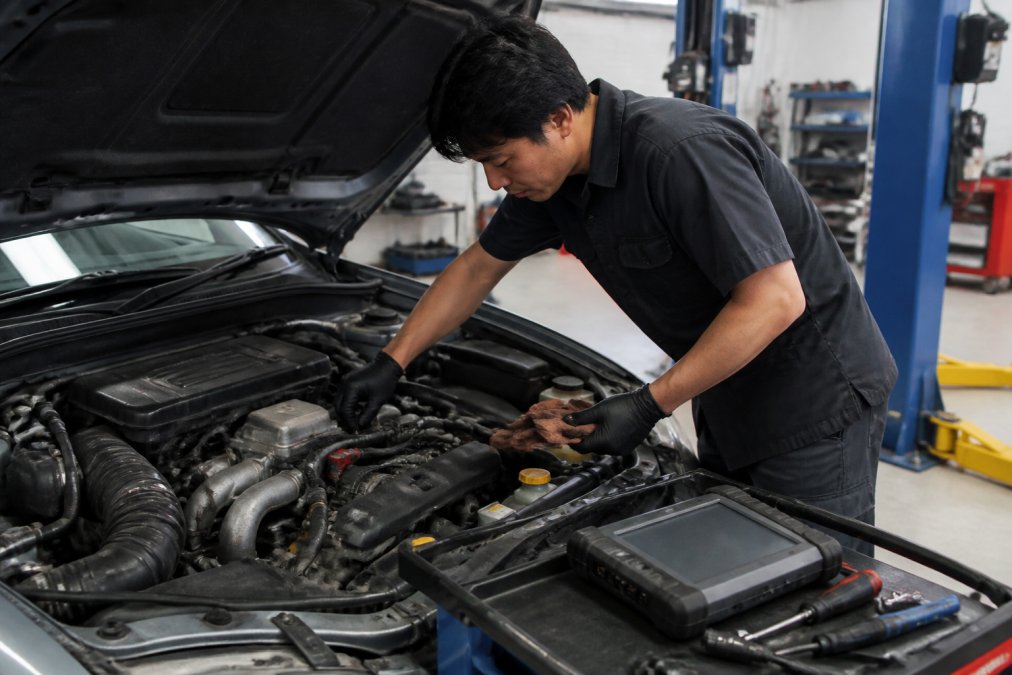 Certified technician performing detailed inspection of Japanese vehicle's engine bay, checking fluid levels and serpentine belts with diagnostic scanner visible on workbench