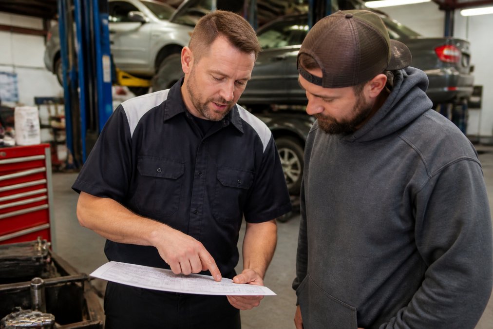 Friendly service advisor in professional automotive shop discussing detailed inspection report with customer, pointing to specific findings on comprehensive vehicle assessment document