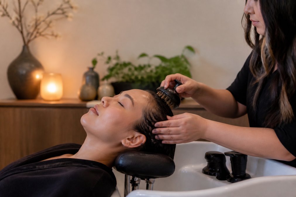 A woman reclining in a spa chair with her eyes closed while a stylist gently massages her scalp using a specialized tool, surrounded by soft lighting and calming decor
