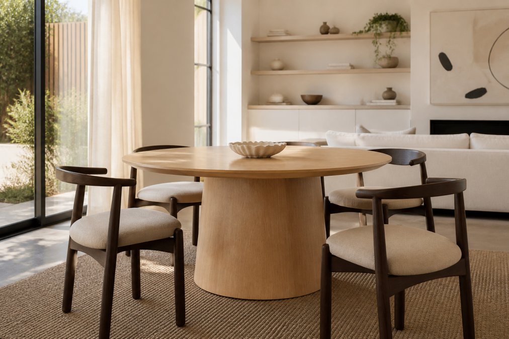 Elegantly furnished living room featuring a sculptural timber dining table with tapered base, natural light streaming through large windows, carefully curated home accessories and artwork on floating shelves, and mixed-material furnishings in warm earth tones