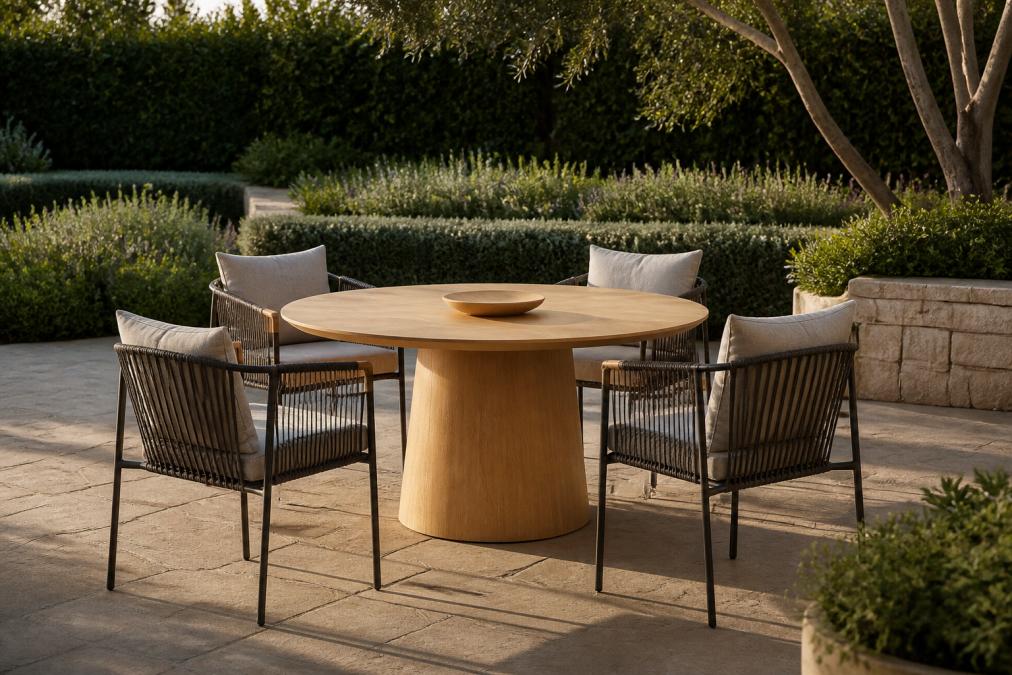 Outdoor terrace featuring high-end designer lounge seating in natural timber and metal, soft afternoon light casting long shadows across the space, manicured garden borders, and carefully arranged cushions in neutral tones