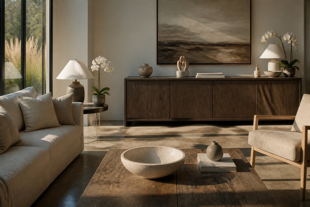 A beautifully styled residential living room featuring handcrafted timber and upholstered furniture with natural linen textiles, warm afternoon light casting long shadows across a polished concrete floor, with artisanal homewares arranged on a low timber sideboard