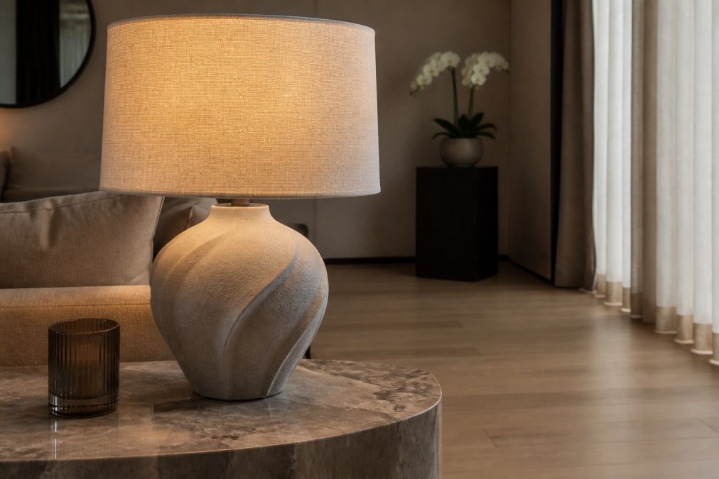 A close-up of an elegant sculptural ceramic table lamp with a natural linen shade placed on a polished marble side table, warm evening light glowing through the shade, set against a refined minimalist interior with a linen sofa and timber flooring visible in the background