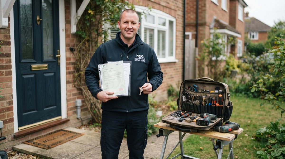 Professional locksmith in dark uniform holding DBS certificate and insurance documentation, standing in front of residential door with visible tool kit, natural daylight