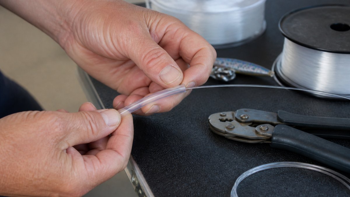 Step-by-step process of sliding protective chafe tubing onto a heavy monofilament fishing line leader.