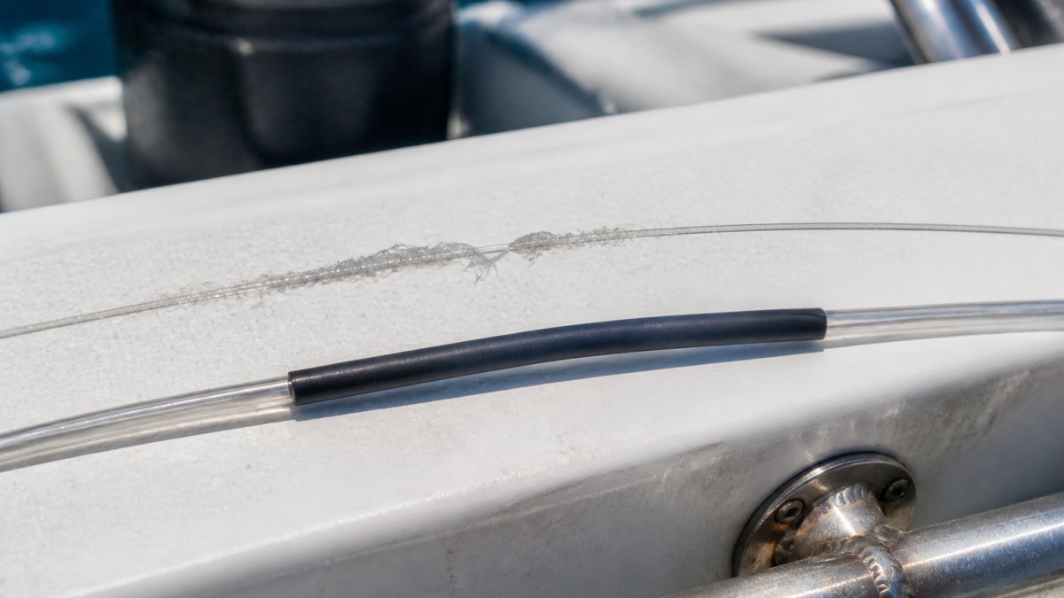 Close-up of a frayed monofilament leader showing visible abrasion damage next to a protected leader with durable tubing sleeving intact, both under bright fishing boat lighting