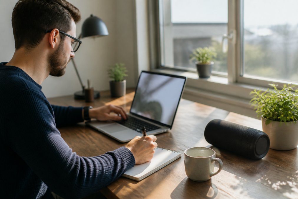 Person working at ergonomic desk with JBL portable speaker playing music, coffee cup nearby, laptop and notebook visible in bright home office with natural window lighting