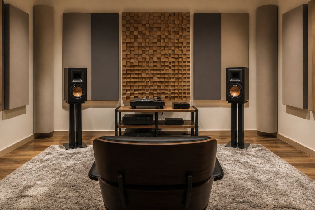 A pair of high-fidelity bookshelf speakers placed on stands in a well-treated listening room, with a comfortable chair positioned at the sweet spot and acoustic panels visible on the walls