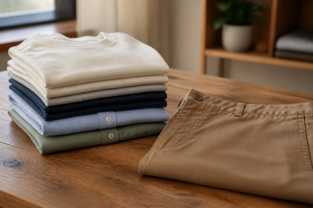 A neatly folded stack of essential t-shirts and casual button-down shirts in neutral colors on a wooden table, with a pair of chinos folded beside them