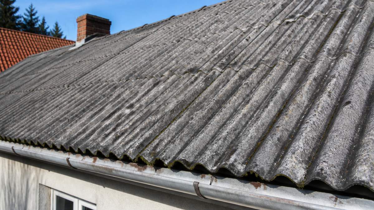 Close-up of weathered grey corrugated roof panels on an older family house, with visible surface texture and moss in the joints, shot in daylight