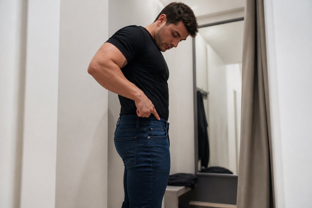 A man with a muscular build standing in a well-fitted pair of jeans, photographed from the side. He is pointing to the waistband, where it fits snugly without gaping. The background is a minimal, bright changing room.