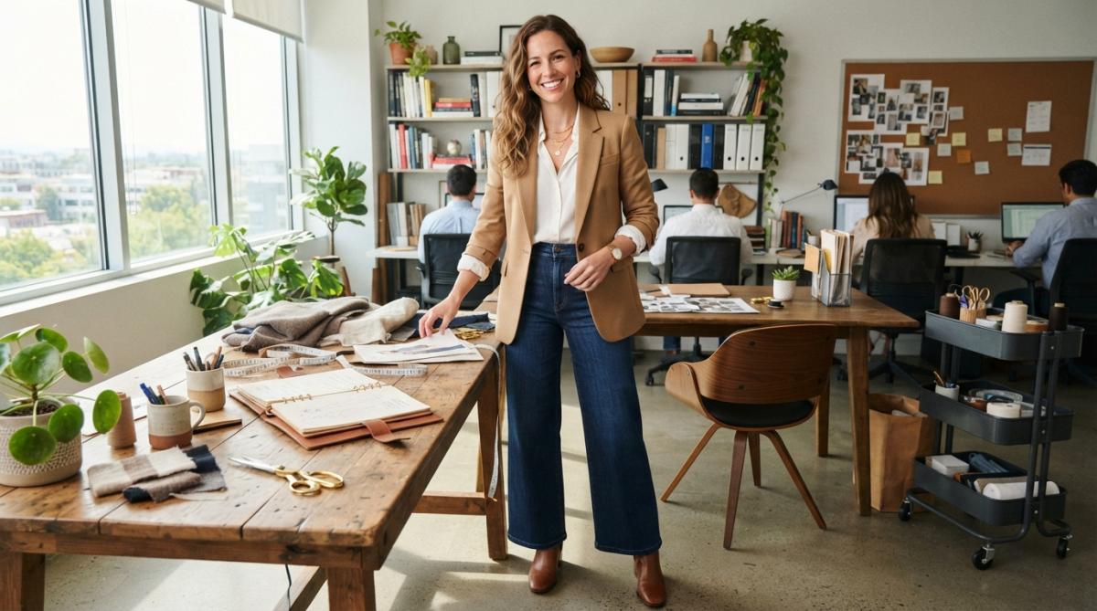Woman wearing sculpting jeans that slim thighs and lift the butt with a blazer in a modern office setting
