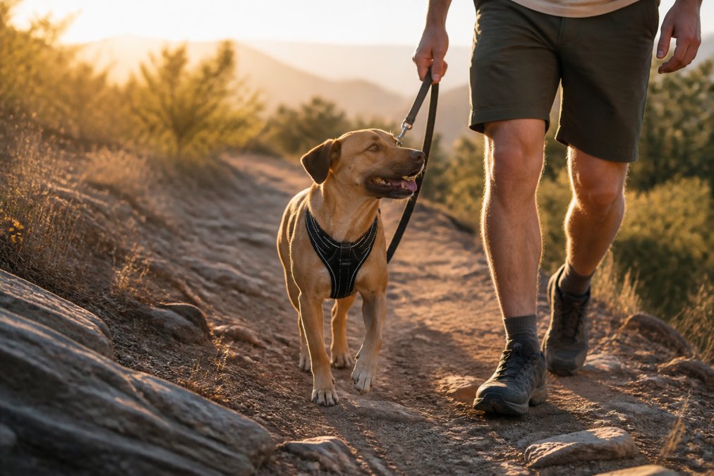 A medium-sized dog wearing a padded front-clip harness walking beside its owner on a dirt trail at golden hour, reflective stitching visible on the chest panel