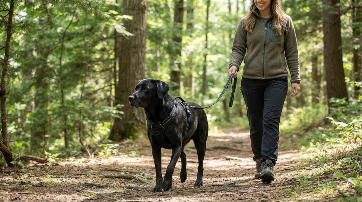 A large black dog wearing a padded no-pull harness with reflective strips walking calmly beside its owner on a sunlit forest trail, the owner holding the leash attached to the front chest clip