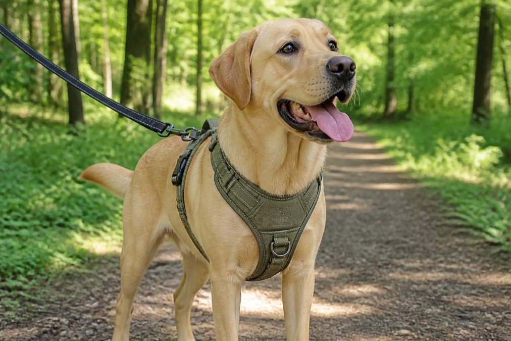 Dog wearing a padded front-clip harness during an outdoor walk on a tree-lined trail, showing reinforced stitching and breathable material under natural daylight