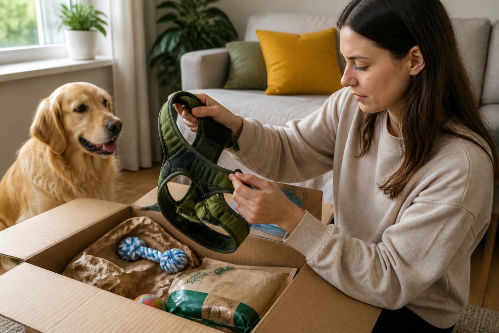Pet owner at home opening a cardboard delivery box containing pet supplies, carefully examining a padded dog harness and checking stitching quality in natural window light