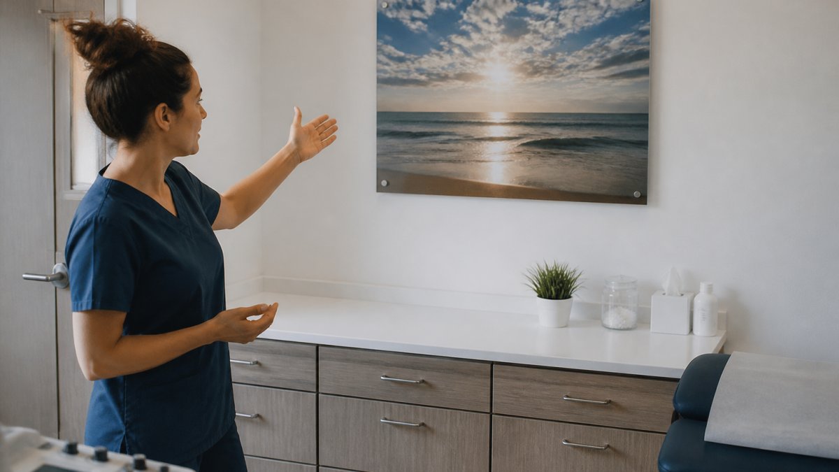 Professional demonstrating Jeremiah 29:11 wall art technique in modern clinical setting with natural lighting