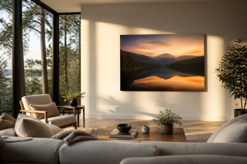 Serene modern living room with floor-to-ceiling windows, a large fine art landscape photograph displayed on a soft white wall, natural afternoon light streaming across the space, comfortable seating area facing the artwork