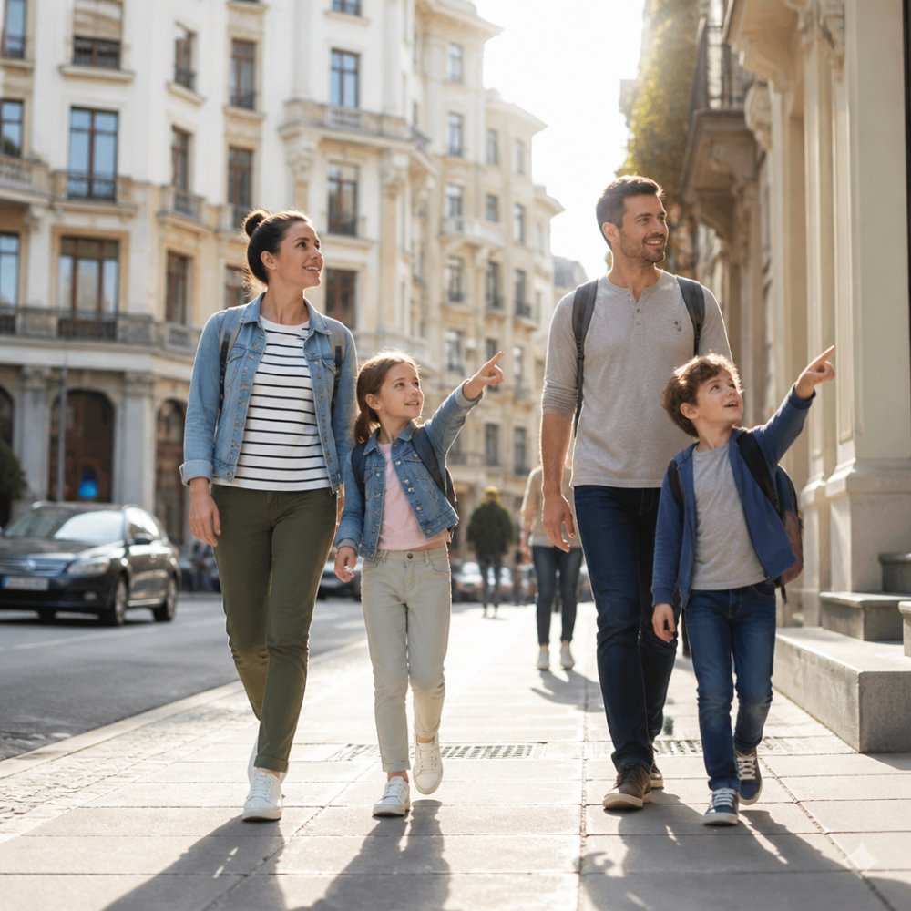 A happy family walking down a sunny city street to help reset their internal clocks after travel.
