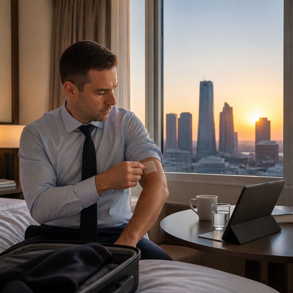 Business professional using a jet lag relief patch while reviewing a presentation at dawn in a hotel room
