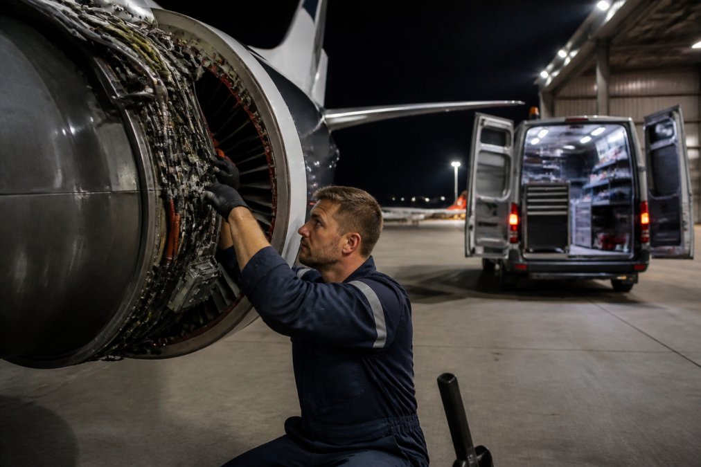 Professional aircraft maintenance technician in uniform working on jet engine at night with mobile maintenance van and diagnostic equipment visible under hangar lights