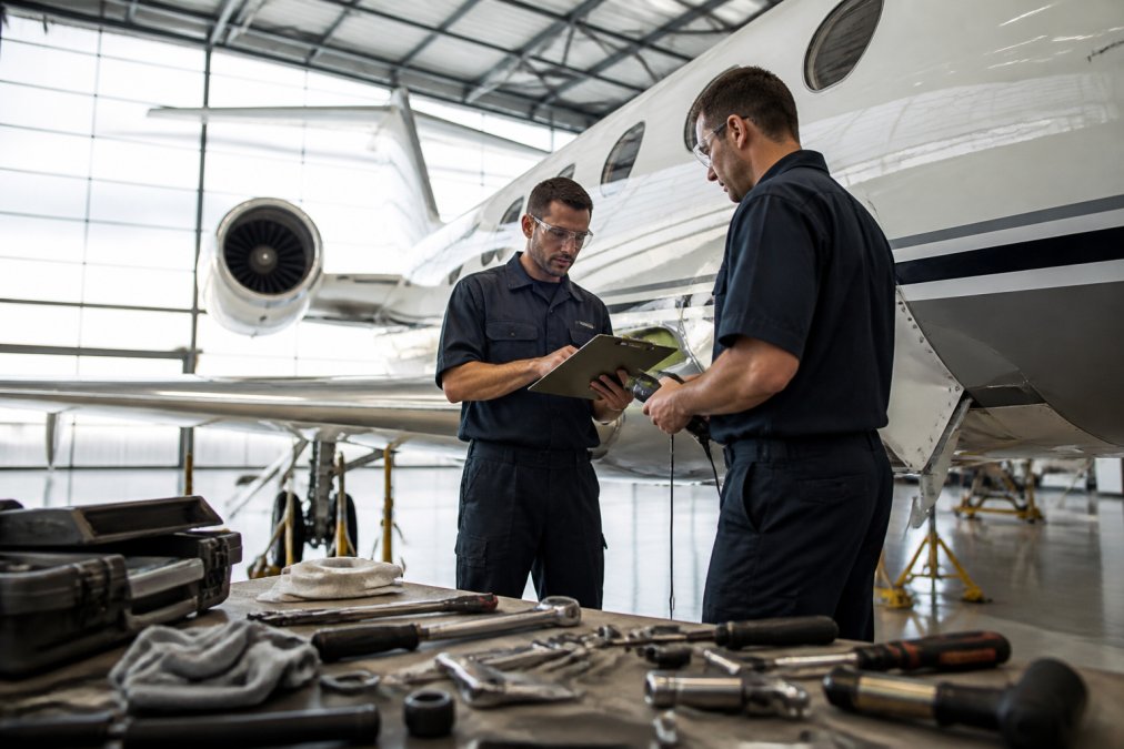 Professional aircraft maintenance team in uniforms inspecting private jet exterior with clipboard and diagnostic equipment in bright hangar setting