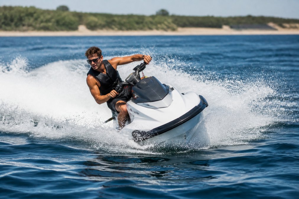 Jet ski rider leaning into a turn on open water, demonstrating proper body position with torso angled toward the inside of the curve and firm grip on handlebars, with white wake visible behind the watercraft