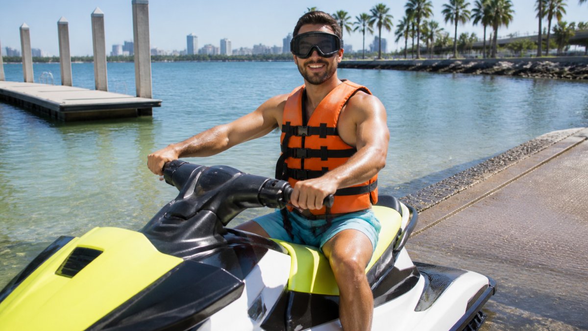 Beginner rider in bright orange Coast Guard-approved life jacket and goggles sitting confidently on a jet ski at a launch ramp, hands on handlebars, with calm water and palm trees in the background
